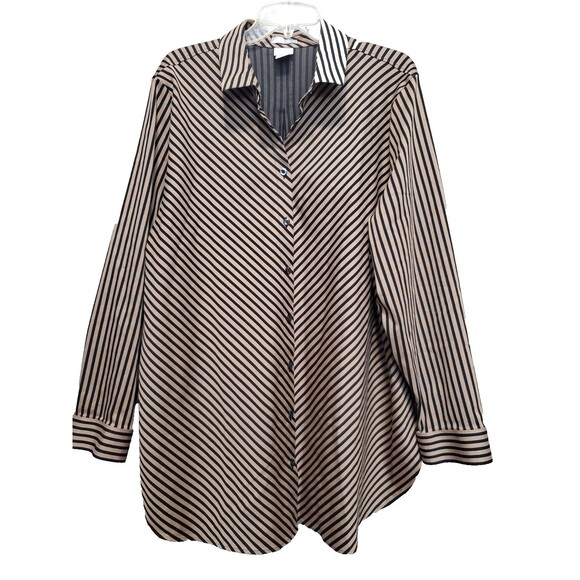 Chico's No Iron Chic Stretch Cotton Blend Brown Striped Button-Up Tunic 4 (XXL) - Picture 1 of 6